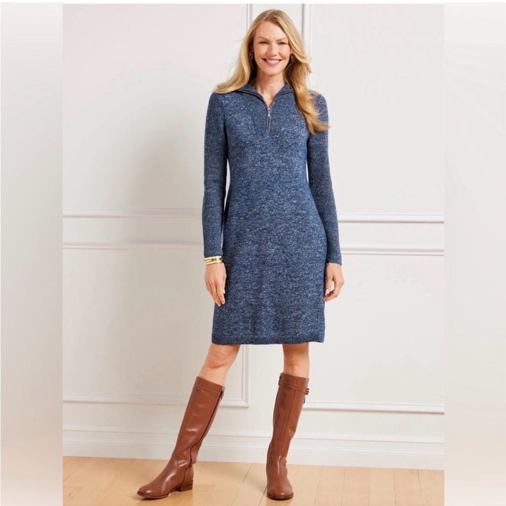 Talbots Zip-Front Sweater Dress | Small‎ | Teal Blue Knit Collared midi